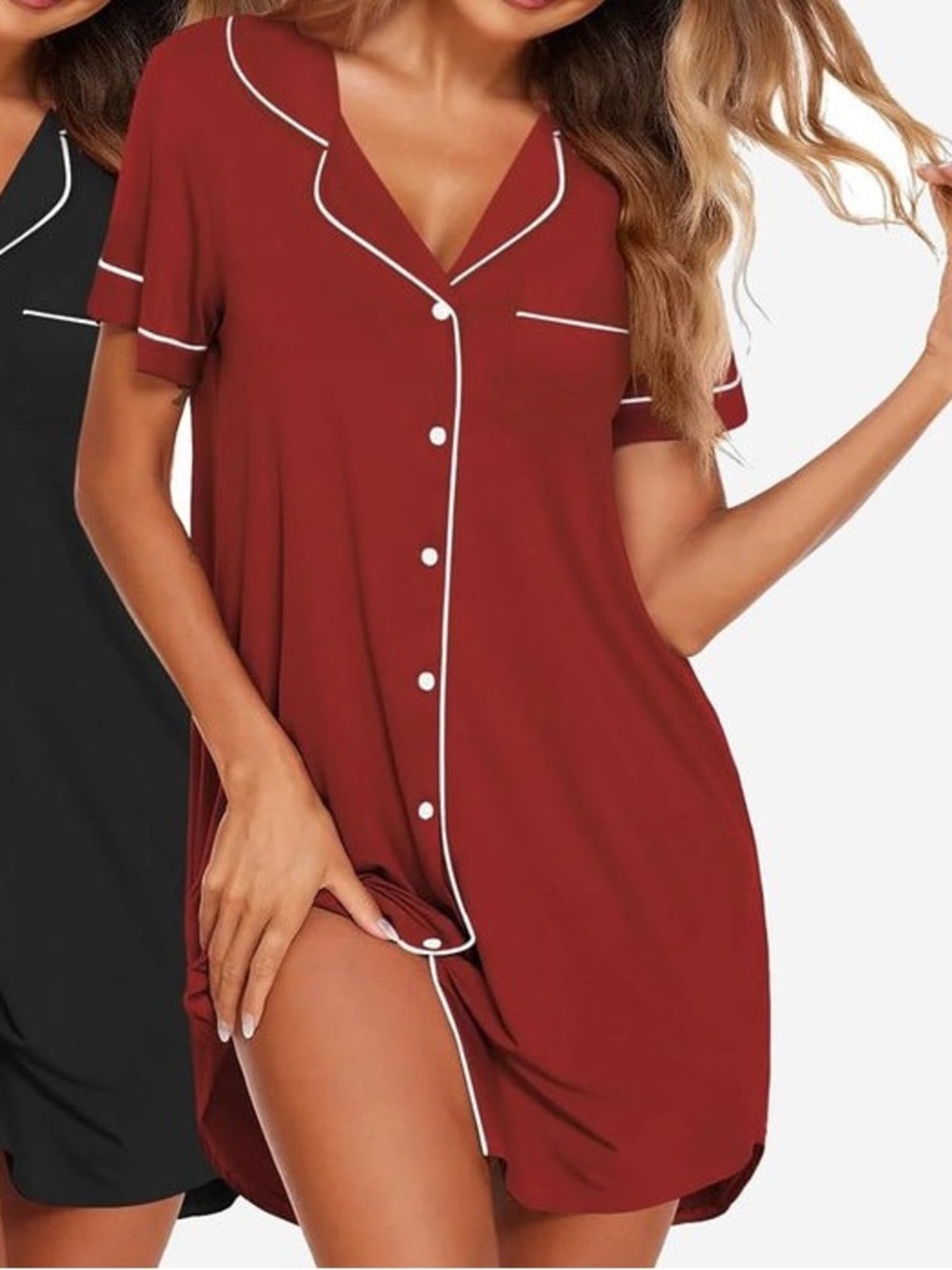 Ekouaer Wine Red Short-Sleeve Button-Front Nightshirt with Contrast Piping